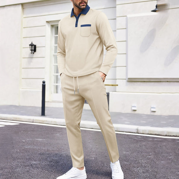 Men's travel-friendly lounge set with long-sleeve polo shirt, chest pocket, and tapered jogger pants Mune Fashion