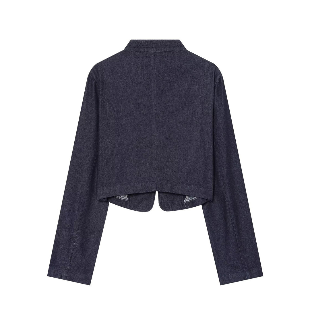 Women Cropped Denim Military Jacket with Stand-Up Collar and Decorative Button Placket Mune Fashion