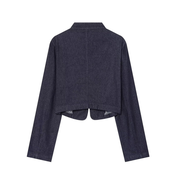 Women Cropped Denim Military Jacket with Stand-Up Collar and Decorative Button Placket Mune Fashion