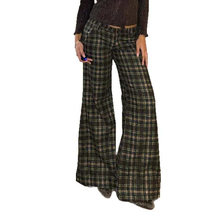 Women's Checkered Flared Trousers with Flared Leg and Tailored Waist Mune Fashion