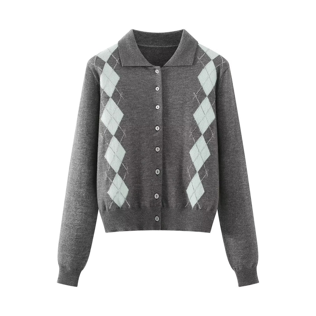 Women's fine knit cardigan with argyle pattern, polo collar, and tailored cropped fit Mune Fashion