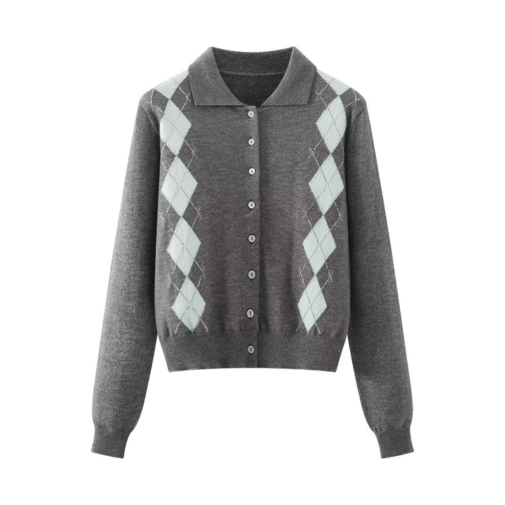 Women's fine knit cardigan with argyle pattern, polo collar, and tailored cropped fit Mune Fashion