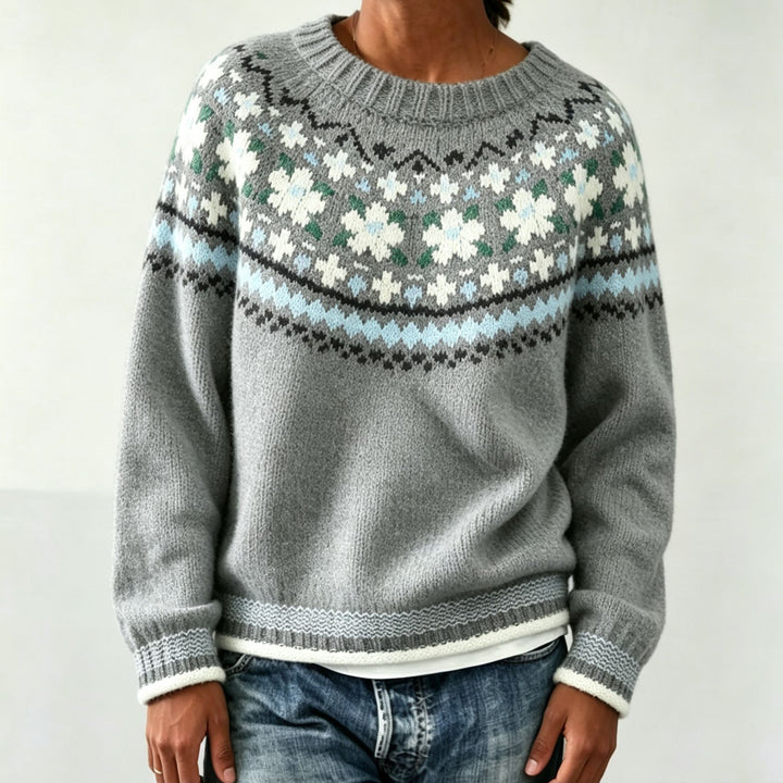 Women Round Neck Norwegian Sweater with Fair Isle Jacquard Mune Fashion