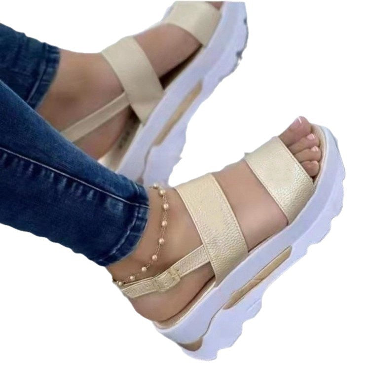 Ladies platform sandals with thick tread sole, two wide straps and adjustable heel strap Mune Fashion