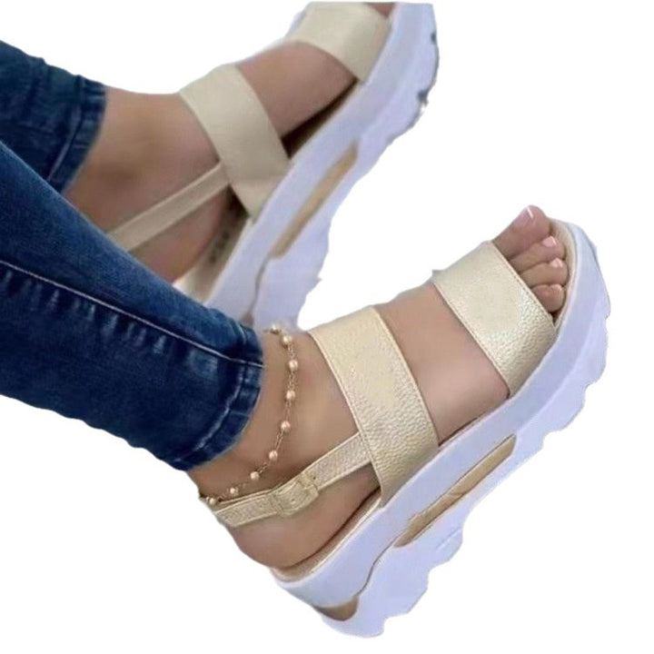 Ladies platform sandals with thick tread sole, two wide straps and adjustable heel strap Mune Fashion