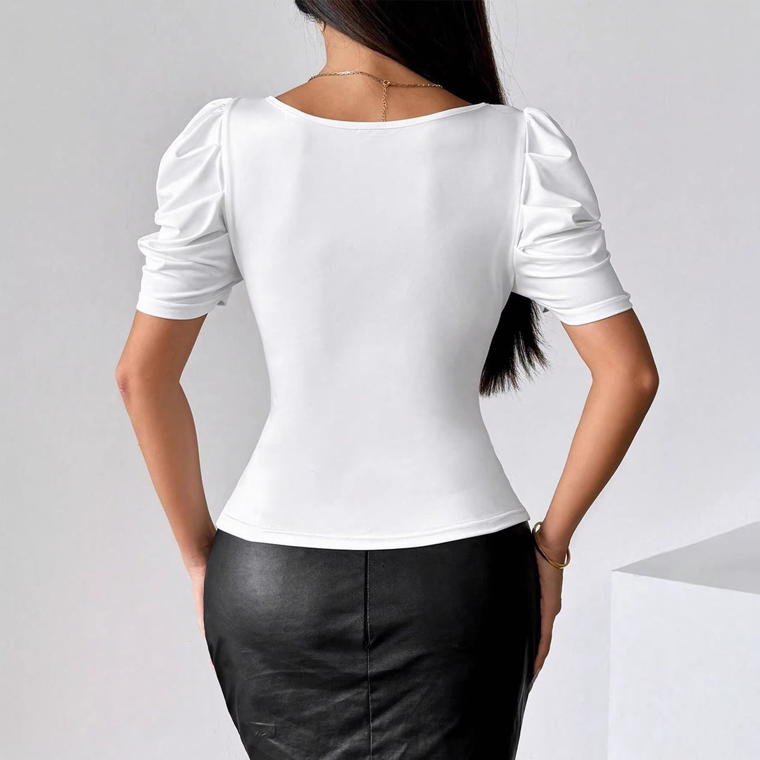 Women Form-Fitting Corset Top with Heart-Shaped Neckline, Puff Sleeves and Front Zipper Mune Fashion