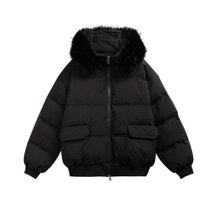 Women's Boxy Puffer Jacket with Hood and Voluminous Faux Fur Collar Mune Fashion
