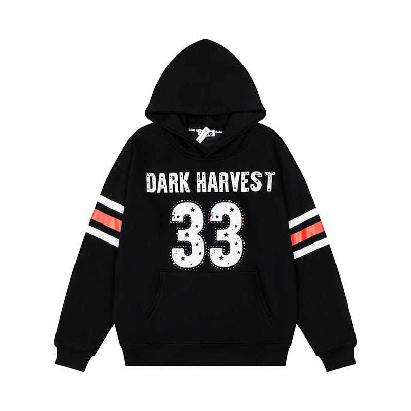 Women's oversized hoodie with vintage number print, studded detailing, and contrast stripes on the sleeves Mune Fashion