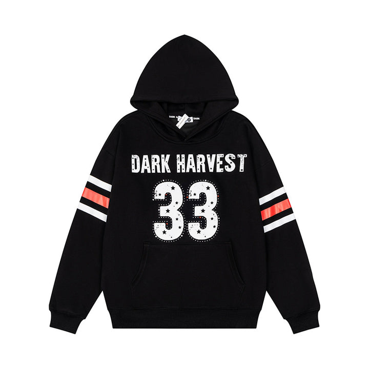Women's oversized hoodie with vintage number print, studded detailing, and contrast stripes on the sleeves Mune Fashion