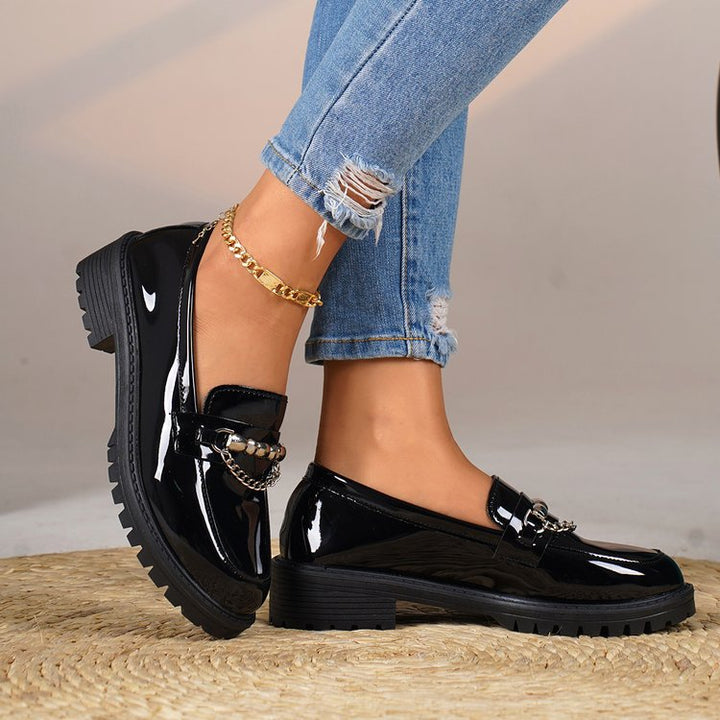 Women’s patent loafers with patterned rubber sole and chain detail Mune Fashion