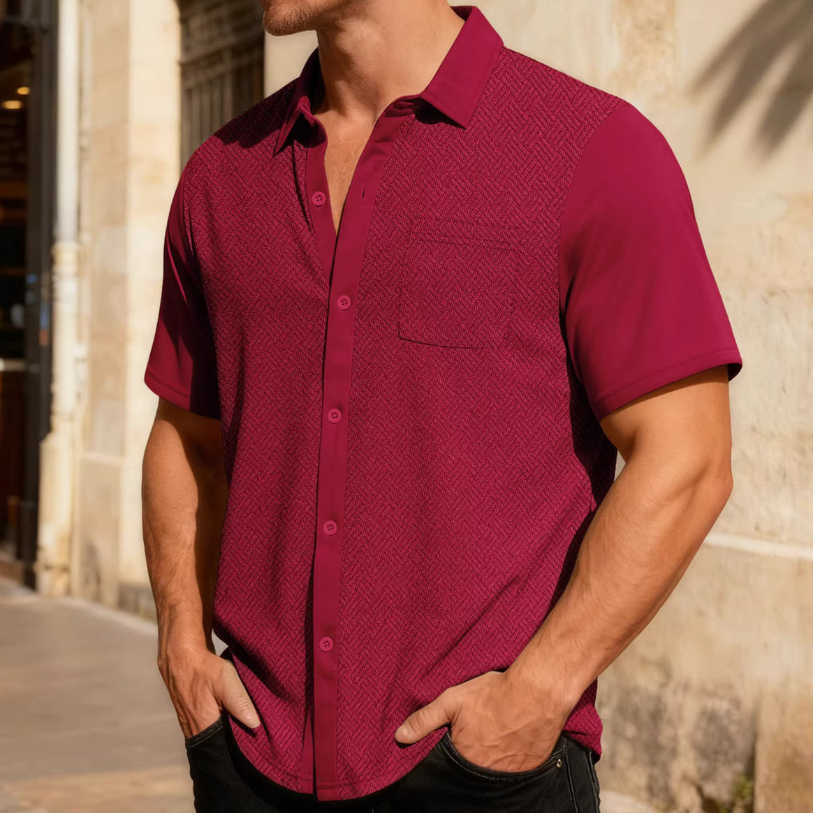 Men's leisure short sleeve shirt with jacquard texture, contrasted button placket and chest pocket Mune Fashion