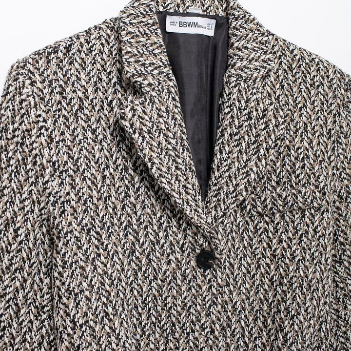 Women's Midi Length Boucle Tweed Blazer Jacket with Faux Leather Belt Mune Fashion