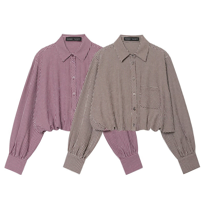 Women's Checkered Cropped Shirt Blouse with Balloon Sleeves, Breast Pocket and Elastic Hem Mune Fashion