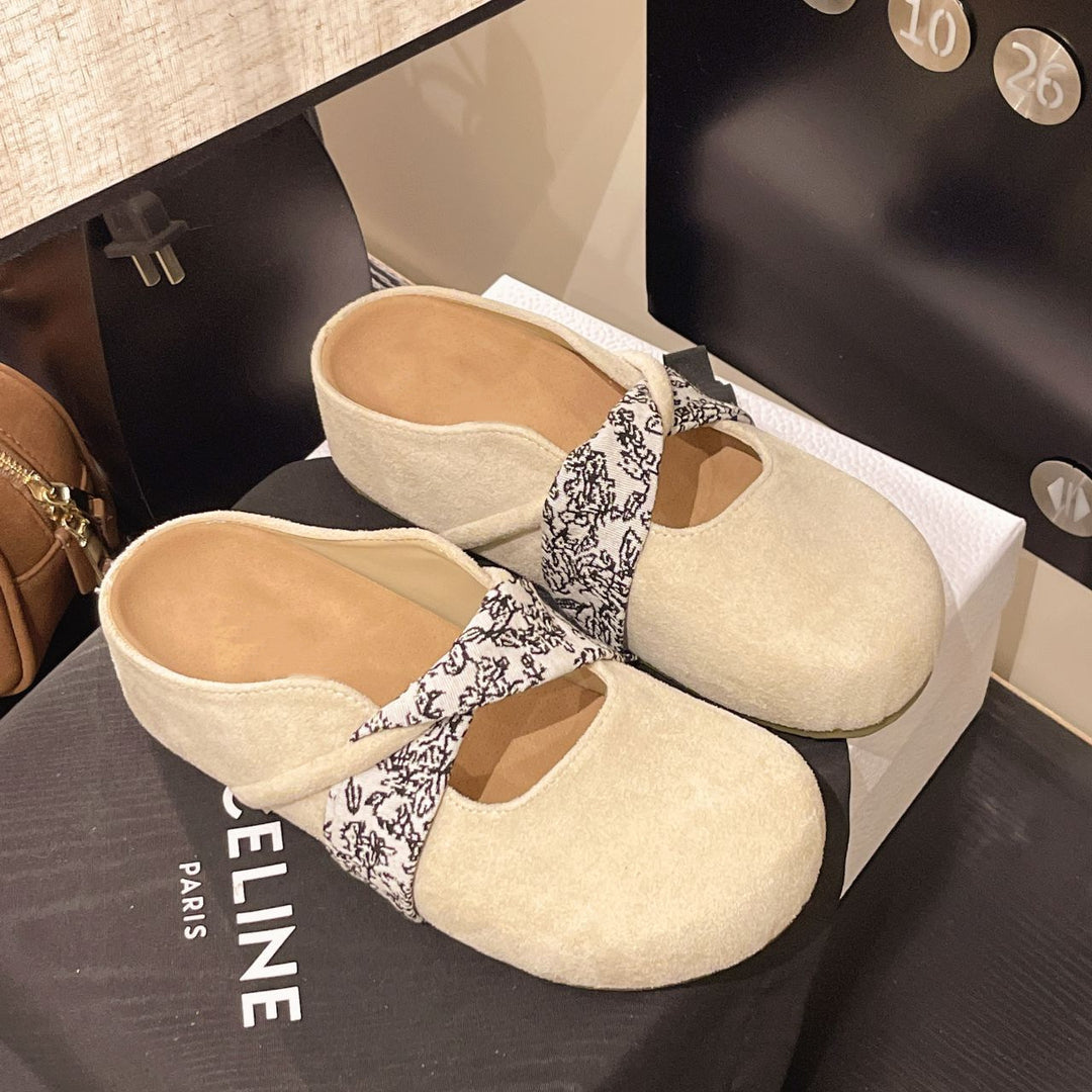 Ladies' Velour Mules with Padded Insole and Decorative Cross Straps Mune Fashion