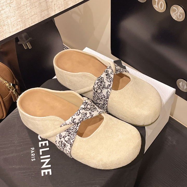 Ladies' Velour Mules with Padded Insole and Decorative Cross Straps Mune Fashion