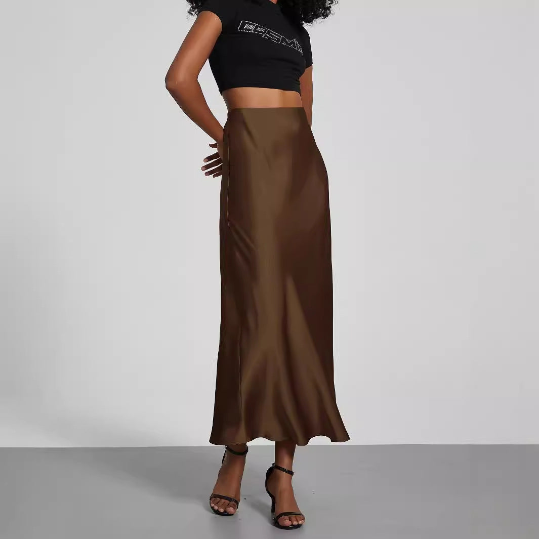 Ladies Satin Midi Skirt with High Waist and Asymmetrical Cut Mune Fashion