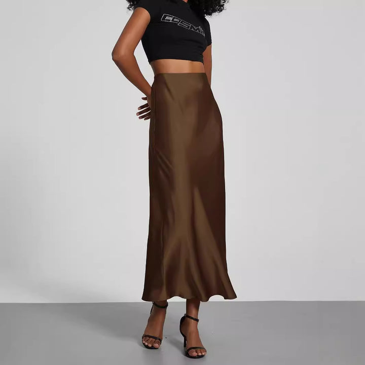 Ladies Satin Midi Skirt with High Waist and Asymmetrical Cut Mune Fashion