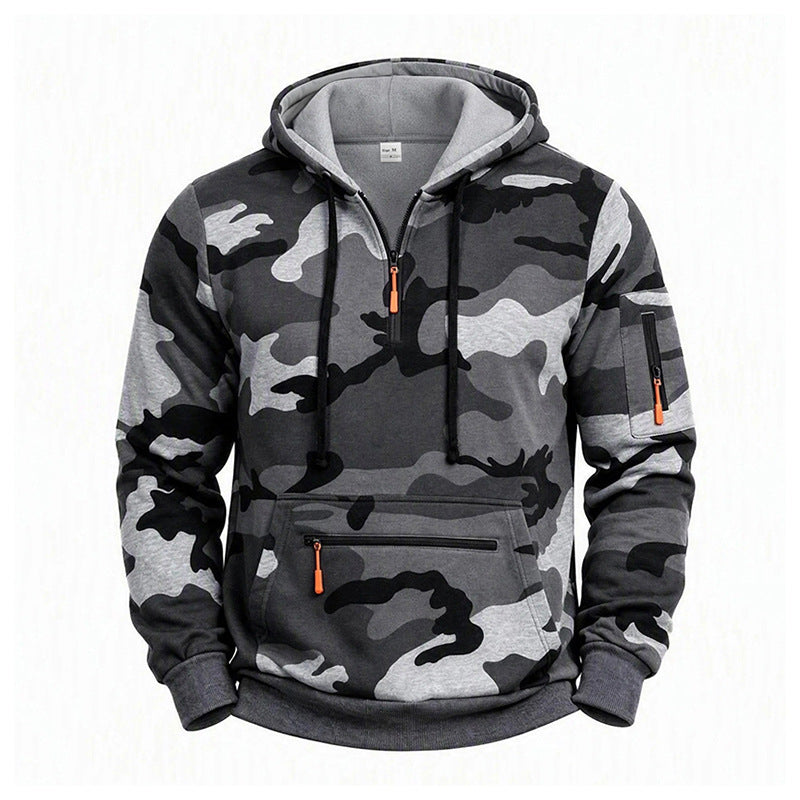 Men's Hooded Sweatshirt Camouflage with Fleece Lining, Half Zip and Zipper Pockets Mune Fashion