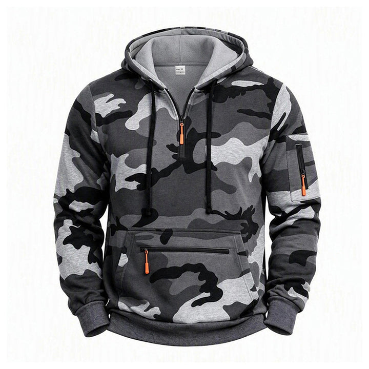 Men's Hooded Sweatshirt Camouflage with Fleece Lining, Half Zip and Zipper Pockets Mune Fashion