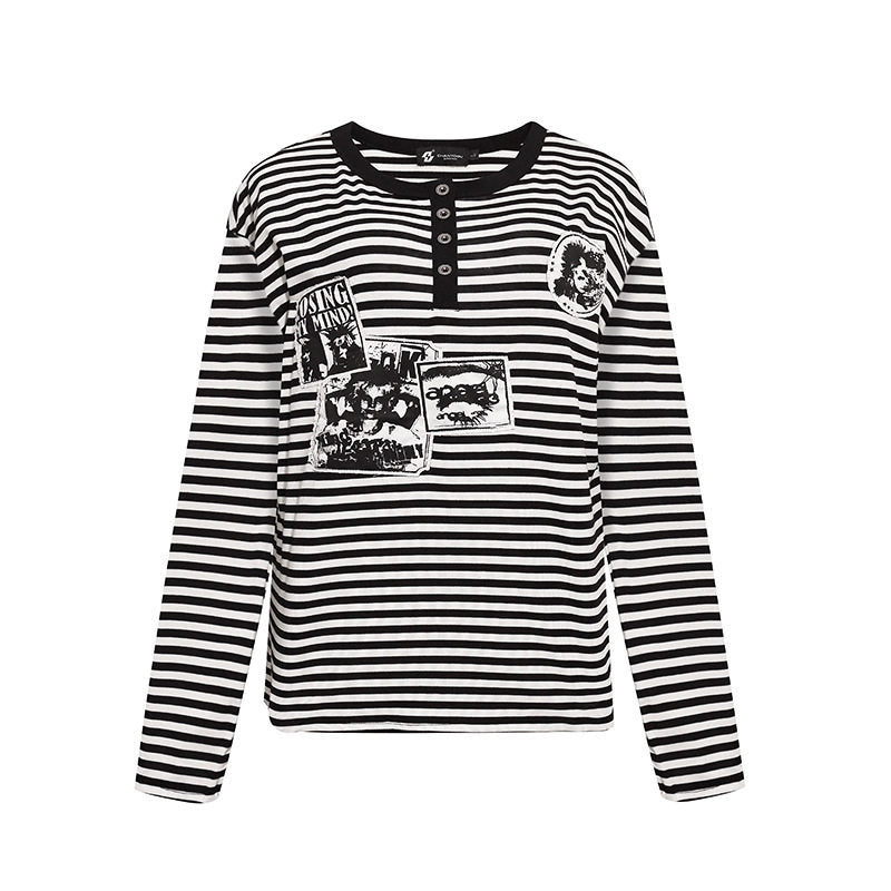 Women's Striped Long Sleeve Henley Shirt with Button Placket and Graphic Patches Mune Fashion