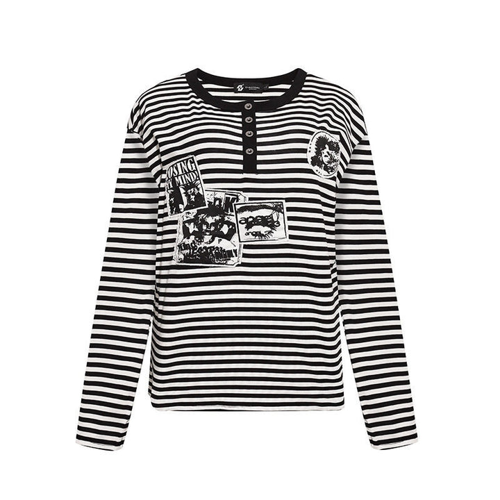 Women's Striped Long Sleeve Henley Shirt with Button Placket and Graphic Patches Mune Fashion
