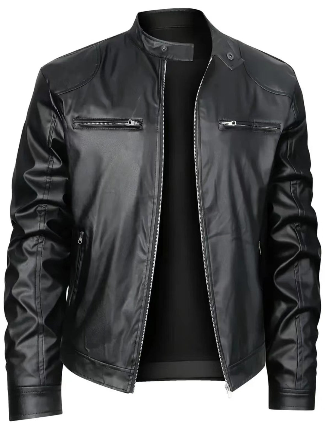 Men's slim faux leather biker jacket with stand-up collar, full zip and two chest pockets Mune Fashion