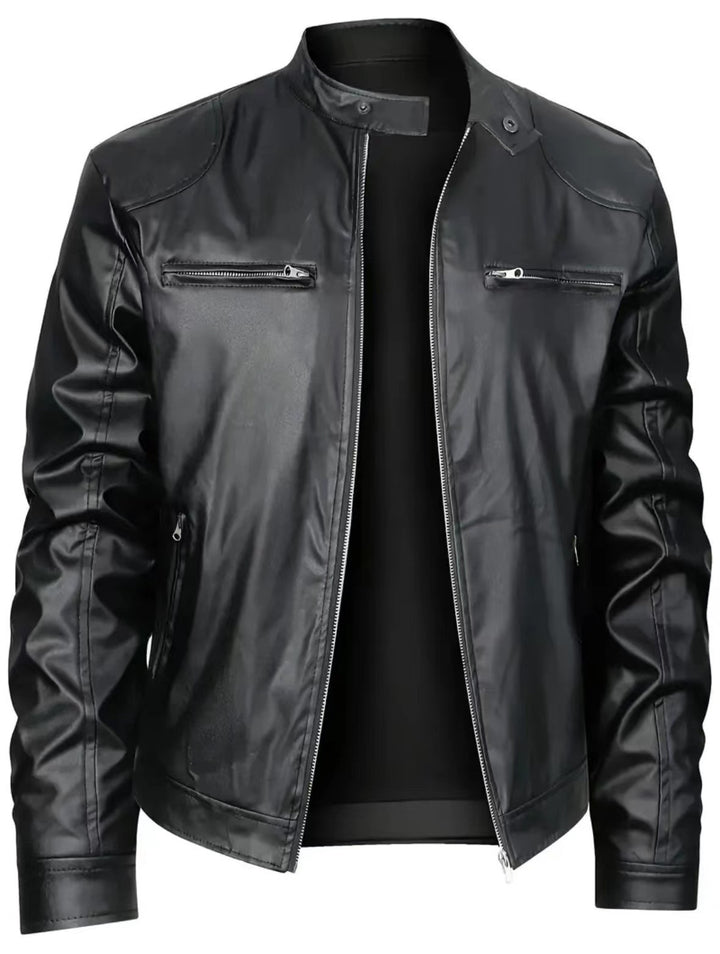Men's slim faux leather biker jacket with stand-up collar, full zip and two chest pockets Mune Fashion