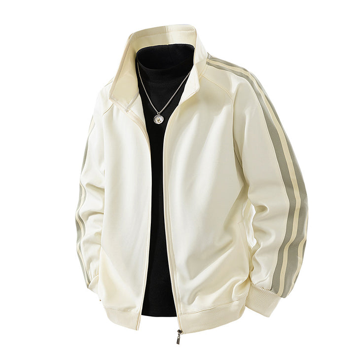 Men's Sportive Zip Jacket with Stand-up Collar and Contrasting Sleeve Stripes Mune Fashion