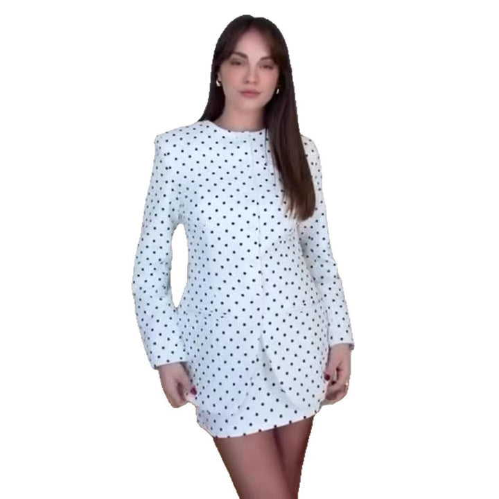 Women's Oversize Polka Dot Blazer with Sculptural Shoulder and Round Neckline Mune Fashion