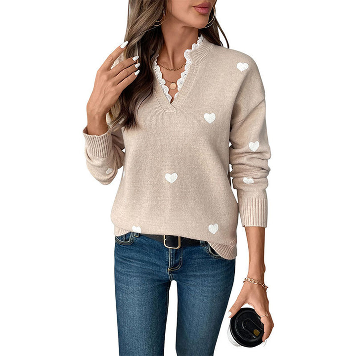 Women's V-neck fine knit sweater with heart intarsia and ribbed cuffs Mune Fashion