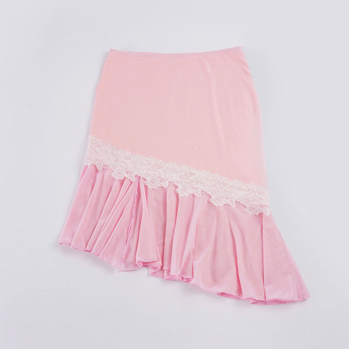 Women Asymmetric Midi Skirt with Lace Trim and Ruffle Hem Mune Fashion