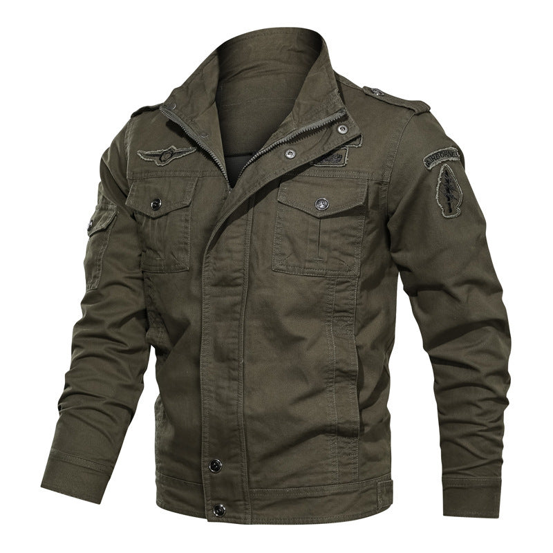 Men's Military Canvas Field Jacket with Stand Collar Shoulder Epaulettes and Multifunctional Pockets Mune Fashion