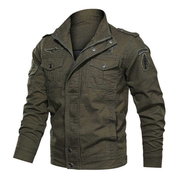 Men's Military Canvas Field Jacket with Stand Collar Shoulder Epaulettes and Multifunctional Pockets Mune Fashion