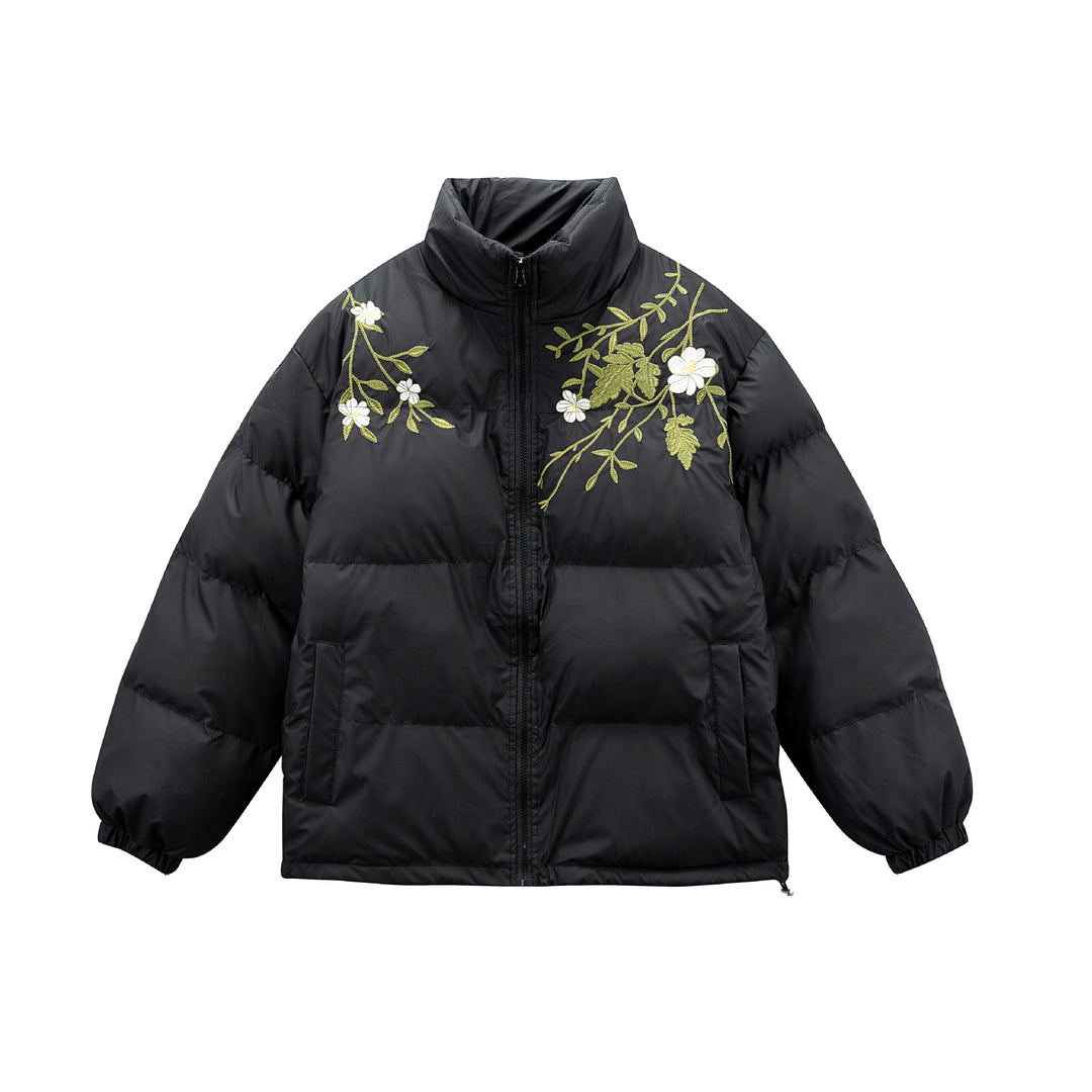 Women's Padded Oversized Quilted Jacket with Stand-up Collar and Floral Embroidery Mune Fashion