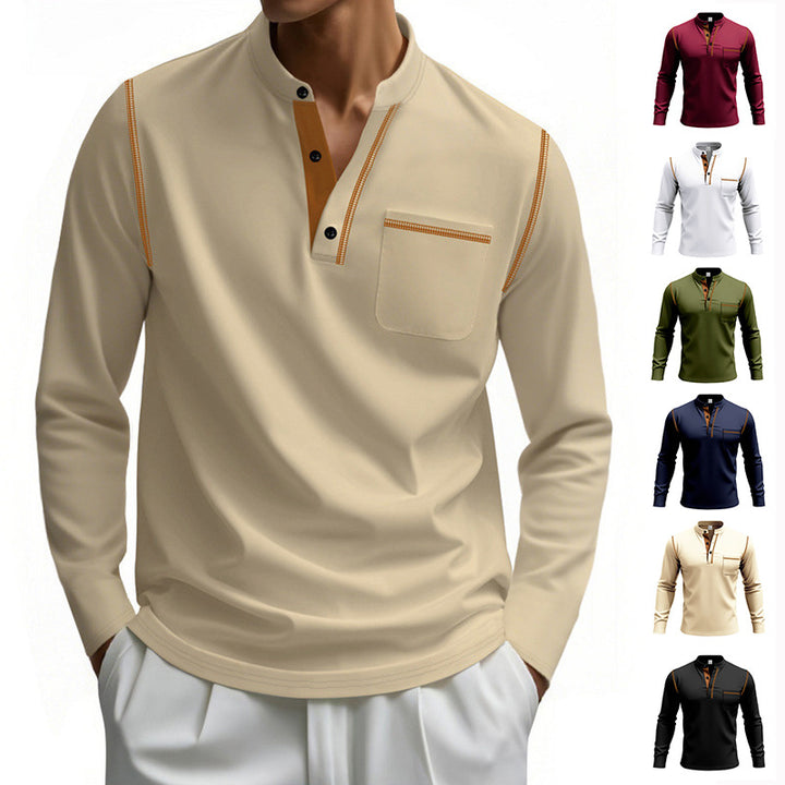 Men's long-sleeve cotton Henley with stand-up collar, chest pocket, and decorative seams Mune Fashion