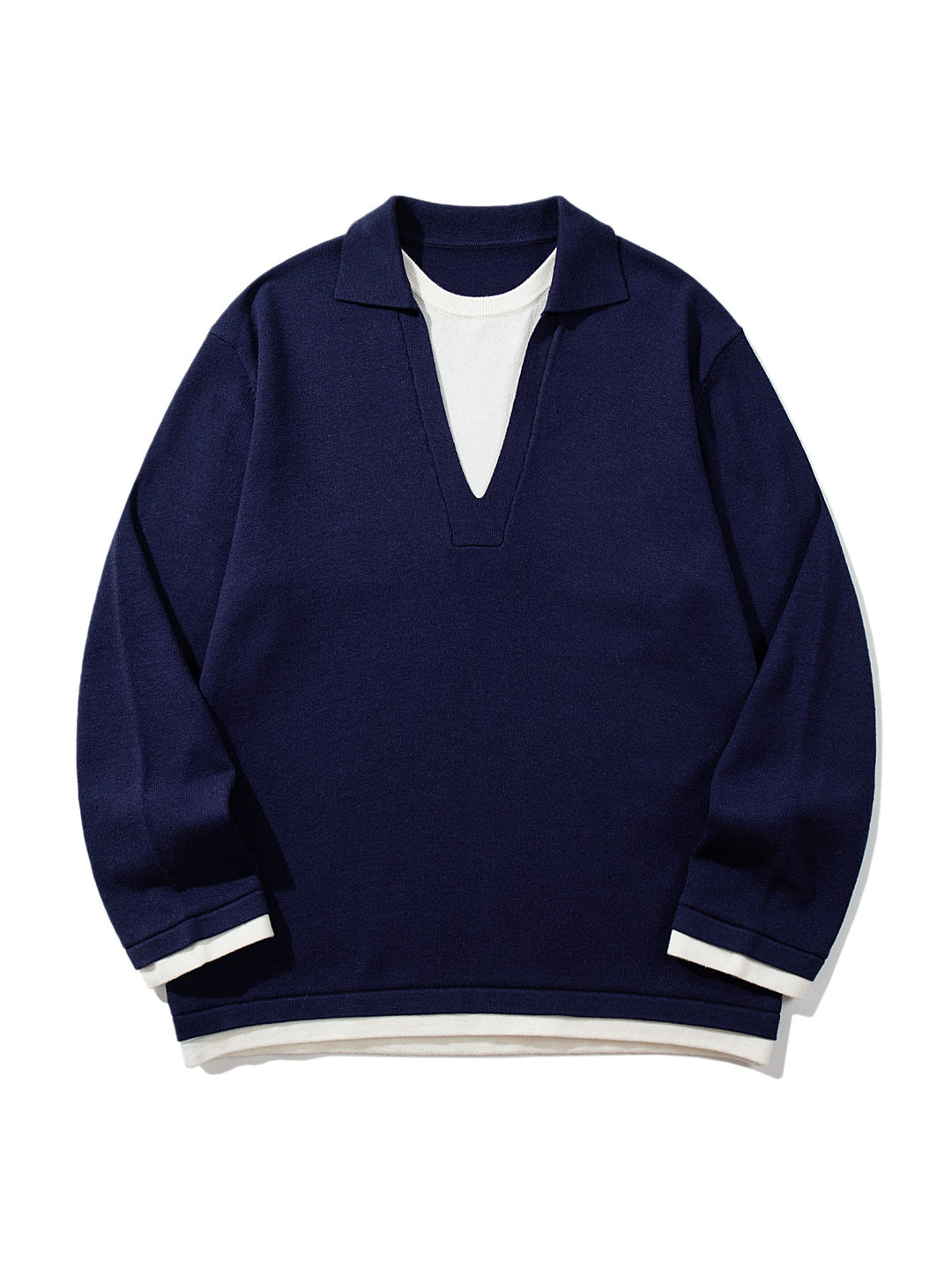 Unisex Casual Oversized Knit Sweater with Deep V Insert and Shirt Layer Look Mune Fashion