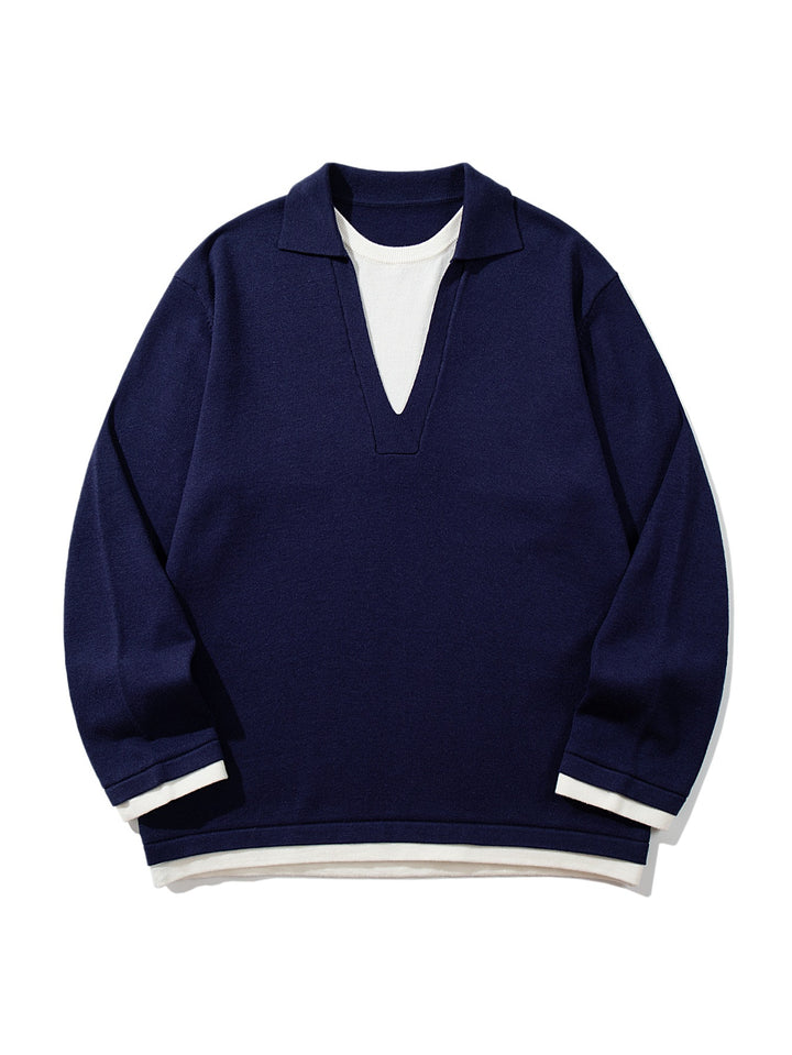 Unisex Casual Oversized Knit Sweater with Deep V Insert and Shirt Layer Look Mune Fashion