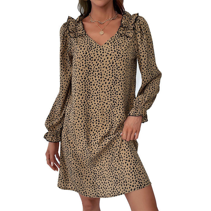Ladies' mini dress with V-neck, ruffled collar, and subtle animal print Mune Fashion
