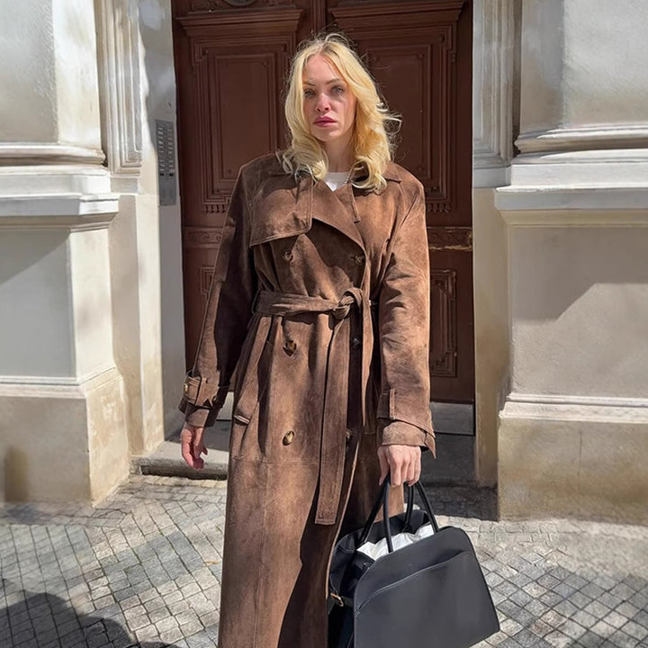 Women Maxi Long Suede Trench Coat with Tied Belt Mune Fashion