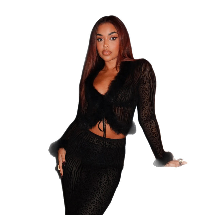 Women's short velvet jacket with luxurious faux fur trim at collar, hem, and sleeves Mune Fashion