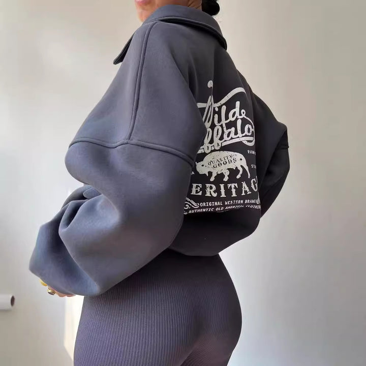 Women's Oversized Halfzip Sweatshirt with Stand Collar and Embroidered Logo Mune Fashion