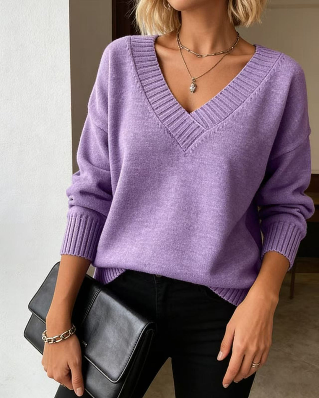 Women's fine knit sweater with deep V-neck and dropped shoulder Mune Fashion