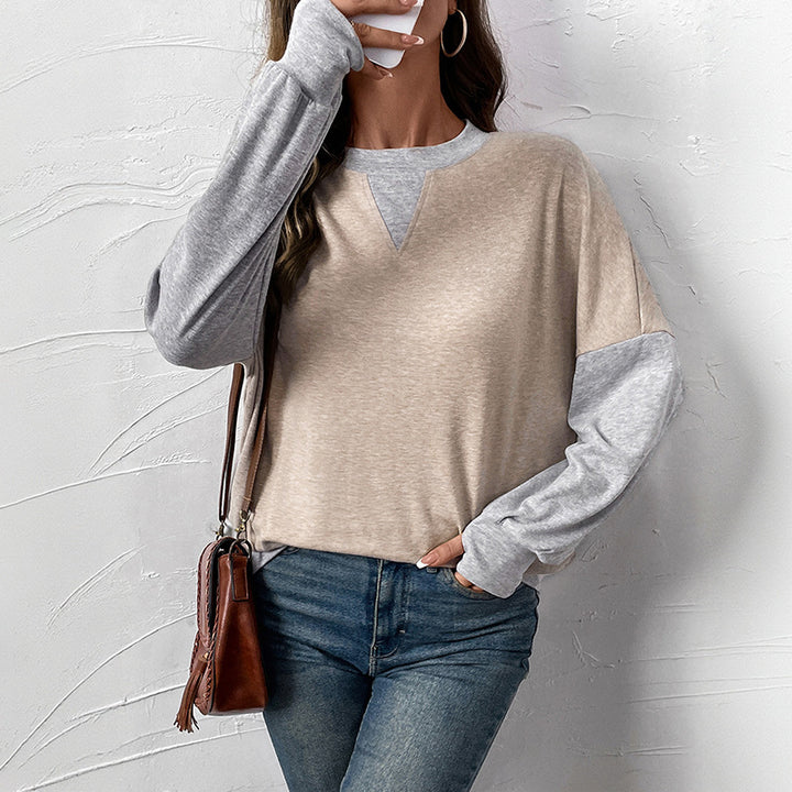 Women's Two-Tone Oversized Long Sleeve Sweater with Contrast Sleeves and V-Seam Mune Fashion