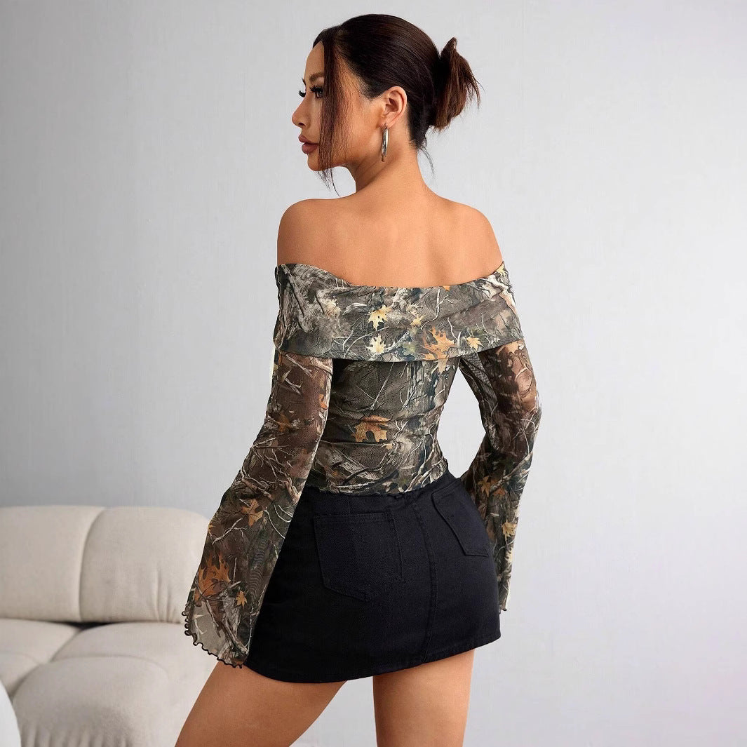Women's off-the-shoulder long sleeve top with camouflage leaf pattern and flared sleeves Mune Fashion