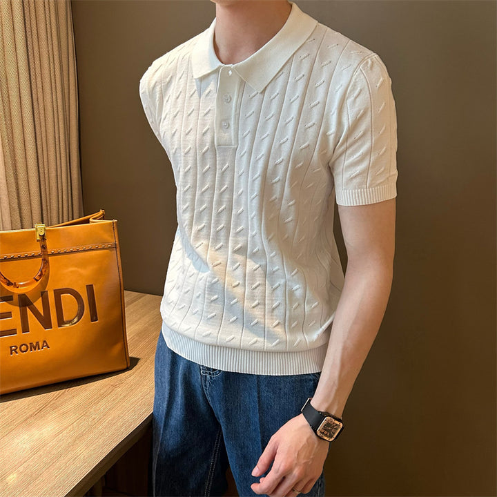 Men's Elegant Knitted Polo Shirt with Rib Structure Mune Fashion