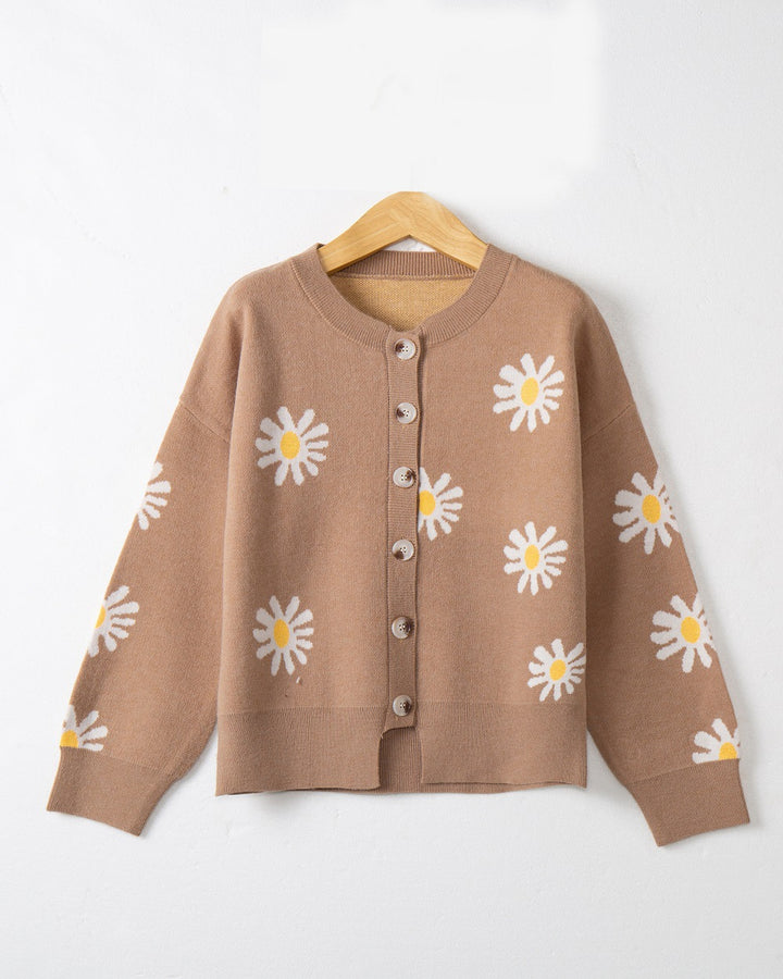 Women's Oversize Knit Cardigan with Flower Appliqué, Mother-of-Pearl Buttons and Wave Hem Mune Fashion