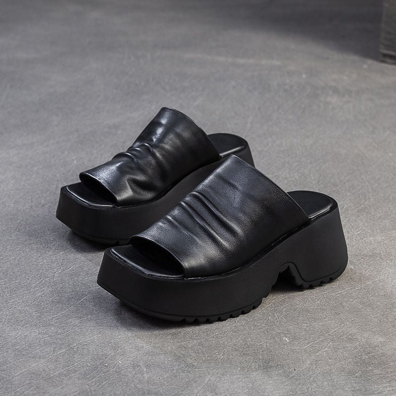 Women's Padded Platform Slides with Sculpted Profile Sole and Gathered Leather Upper Mune Fashion
