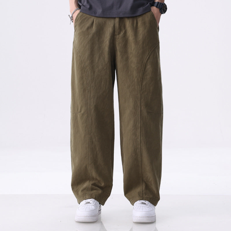 Men's Loose-Fitting Utility Pants with Wide Legs, Distinctive Decorative Stitching, and Elastic Waistband Mune Fashion
