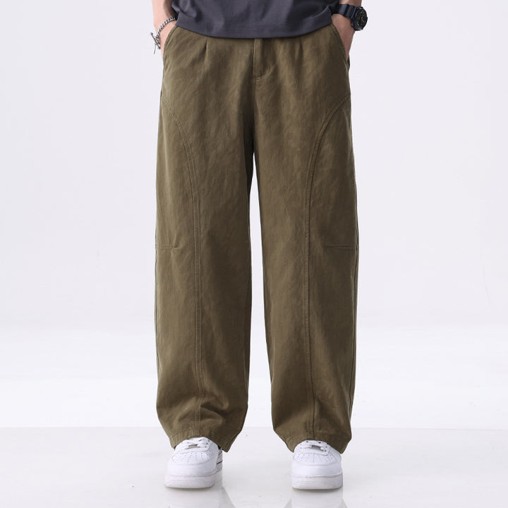 Men's Loose-Fitting Utility Pants with Wide Legs, Distinctive Decorative Stitching, and Elastic Waistband Mune Fashion