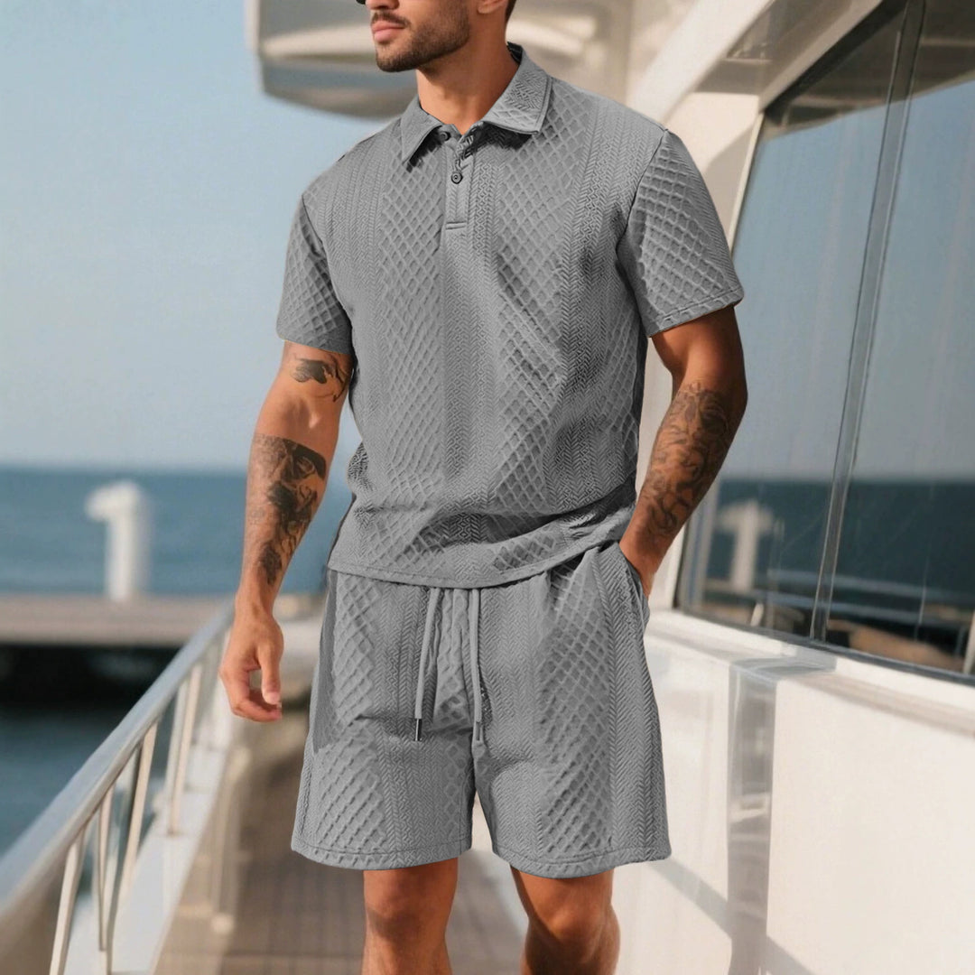 Men's three-dimensional relief leisure set with polo collar, concealed button placket and elastic drawstring shorts Mune Fashion